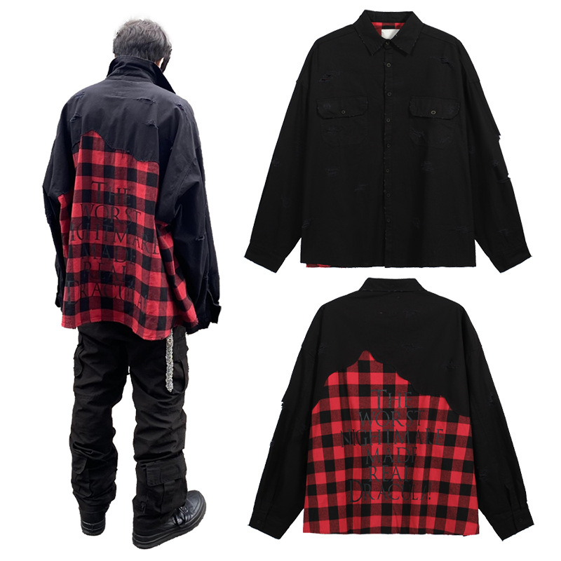 Undermycar Otoño e Invierno angustiado industria pesada desgastada costura camisa a cuadros retro hombres y mujeres misma camisa suelta