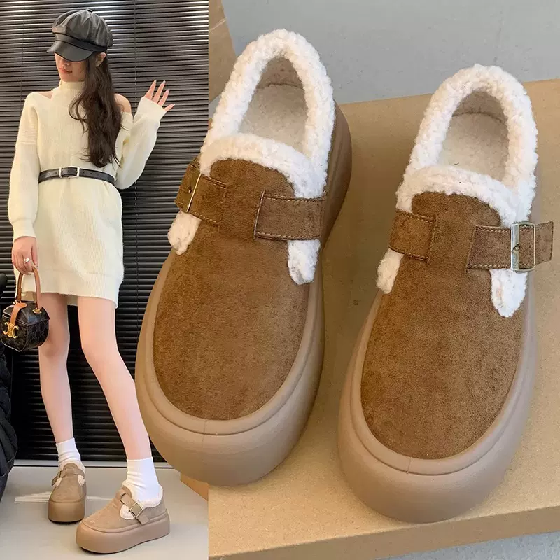 厚底博肯鞋女2024秋冬新款加绒保暖全包雪地棉鞋一脚蹬乐福毛毛鞋