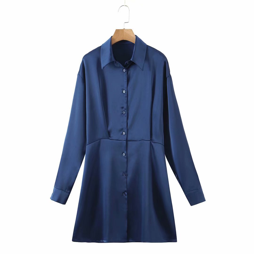 women s slim-fit lapel long-sleeved satin shirt dress nihaostyles clothing wholesale NSAM77792