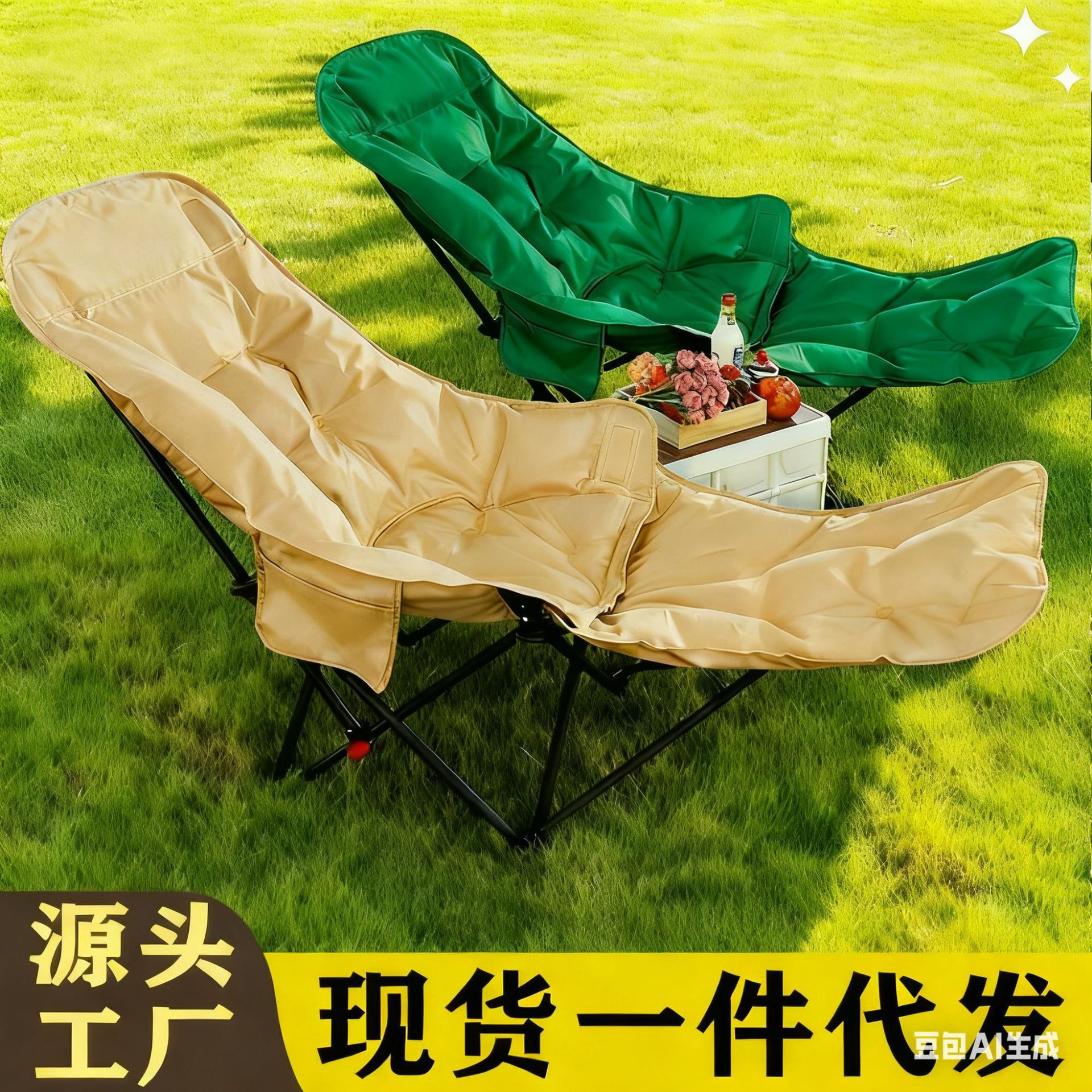 Outdoor Folding Recliner with Four-Level Adjustment, Thickened Moon Chair for Lazy People, Portable Backrest with Cotton Fishing Picnic Stool