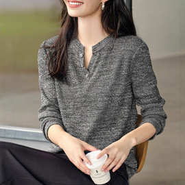 优雅小香风混色肌理感针织T恤女秋季新款通勤休闲显瘦V领长袖上衣