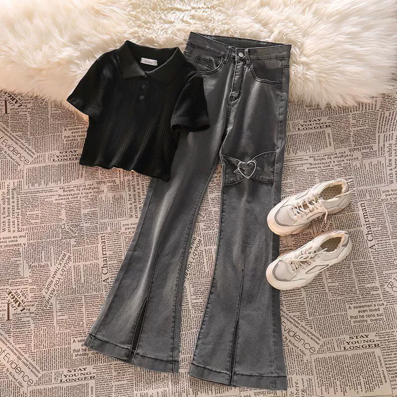 Short set, knitted denim flared trousers, polo collar