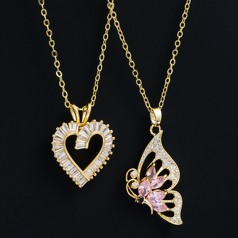 Fashion Heart Shape Butterfly Copper Pendant Necklace Inlay Zircon Copper Necklaces display picture 2