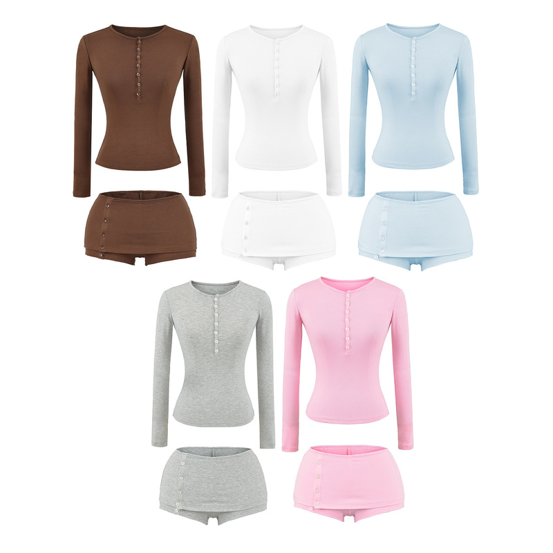 2026 Spring Hot Girl Style Round Neck Half-Button Slim Fit Long Sleeve T-Shirt with Low Waist Leg-Lengthening Hip-Hugging Shorts Set for Women