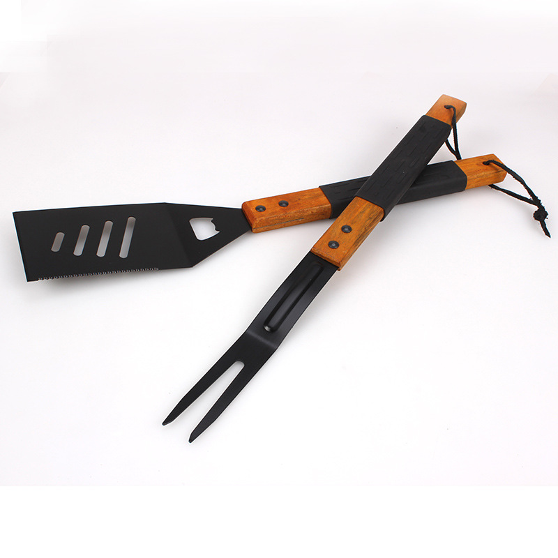 Mango de madera herramientas de barbacoa 2 piezas de acero inoxidable BBQ spray antiadherente negro pintura para hornear juego traje mango de madera con manga de goma para hornear tenedor