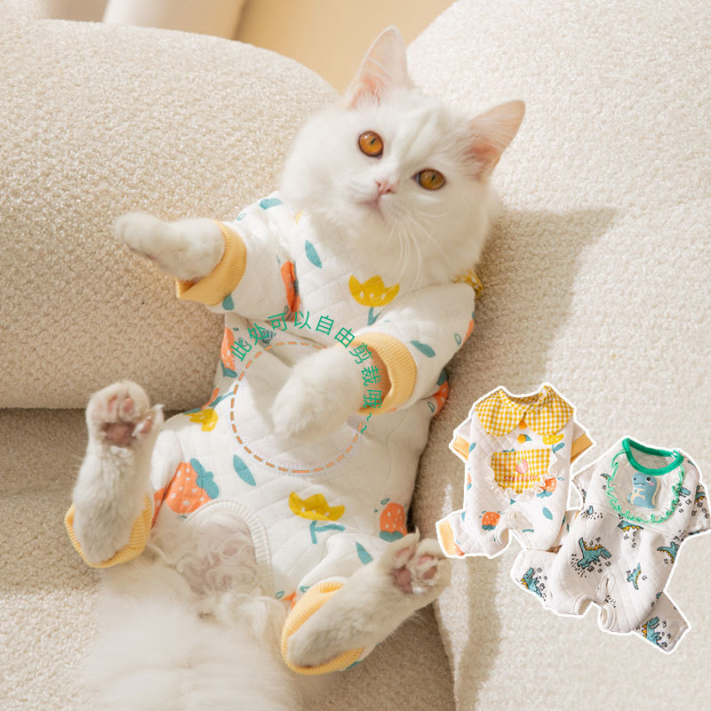 Gato Otoño e Invierno de algodón de dibujos animados impreso de cuatro patas bolsa de ropa del vientre ropa de protección del vientre caliente perro bolsa de ropa para mascotas