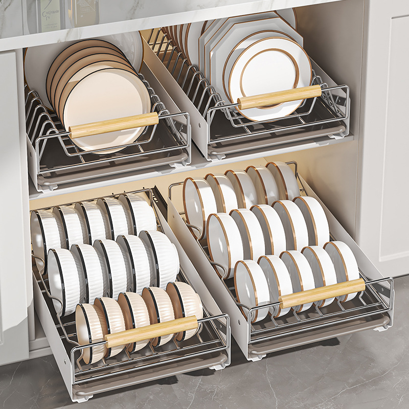 Stainless Steel Kitchen Dish Rack Guide Rail Punch-Free Pull-Out Basket Storage Rack Cabinet Storage Bowl and Chopsticks Dish Drain Rack