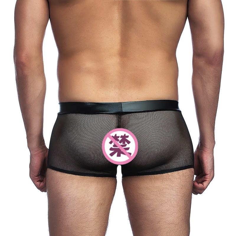 Amazon hombre grande sexy pantalones íntimos negros de malla transparente de ángulo plano hueco pantalones cortos de piel transparente