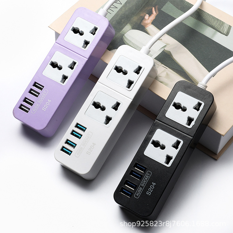 外贸排插S204# 四个USB两扁插座菲律宾2.1A 吸卡包装虾皮外贸插排