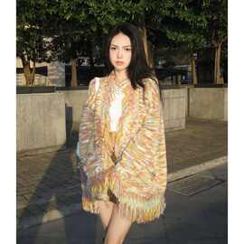 慵懒风彩虹流苏设计感复古气质针织开衫女冬季新款高级感百搭上衣