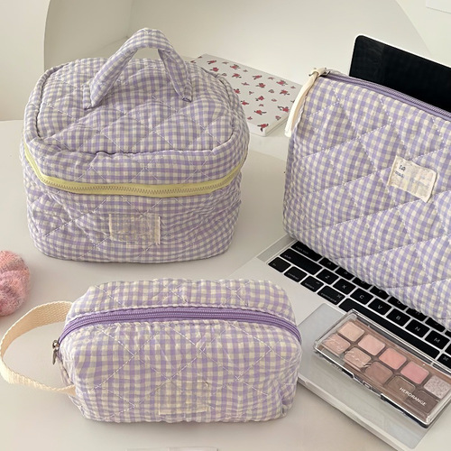 Ins Berry Color Grid Makeup Bag 2024 New Model Portable Large Capacity Student Cosmetics Washroom Bag Storage Bag