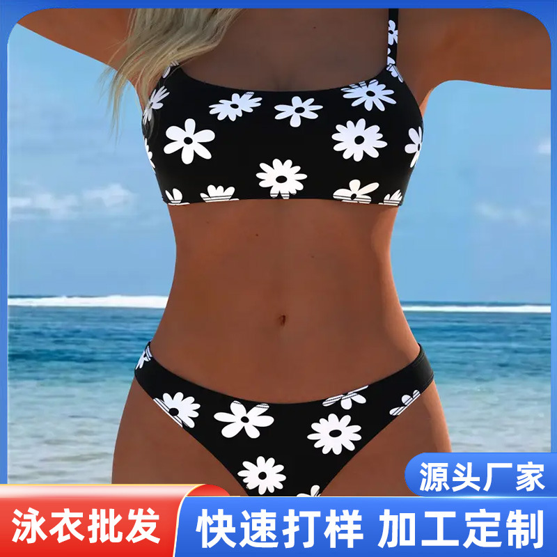 2025 Daisy Print Swimsuit for Women European and American Style Amazon Sexy Backless Two-Piece Swimsuit Foreign Trade Bikini Two-Piece Style