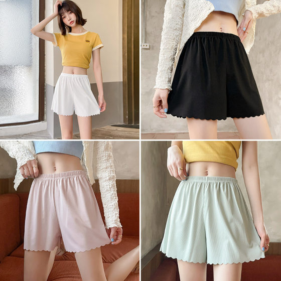 2021 Summer Ice Silk Seamless High Elastic Thread Large Size Loose Outer Wear Safety Pants Waved Edge Women's Base Shorts