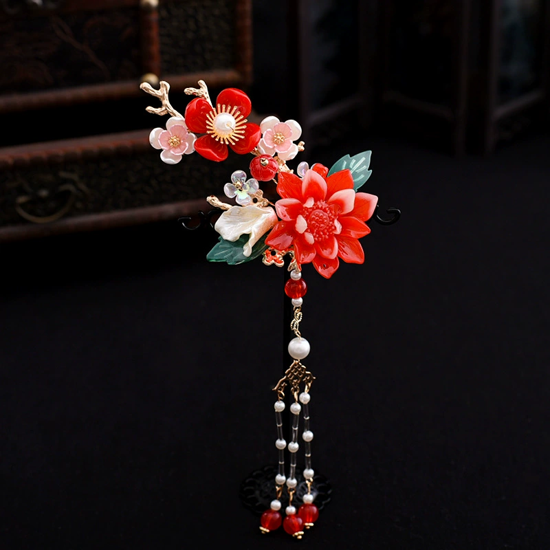 Children's hair accessory, hairgrip with tassels, Hanfu from pearl handmade, 2021 collection, flowered
