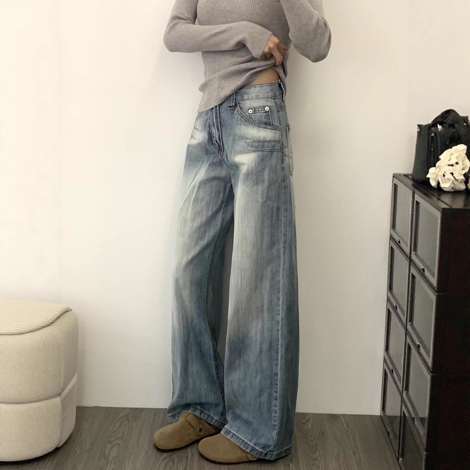 여성용 아메리칸 레트로 워싱 루즈 스트레이트 청바지, 키 작은 분들을 위한 드레이피 와이드 레그 바닥 길이 데님 스트레이트 팬츠