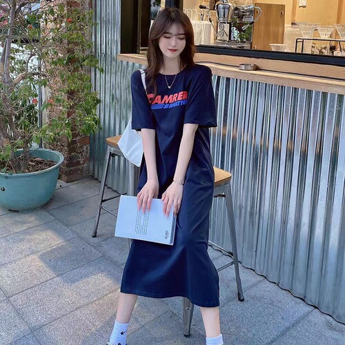 2025 Summer New Korean Slit Letter Print Knee-Length Loose Plus Size Short-Sleeve T-Shirt Dress for Women