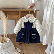 女童连衣裙秋季2025新款女宝宝碎花娃娃领衬衫儿童背心裙两件套
