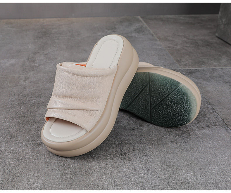 Dép sandal nữ đế xuồng cao gót da bò thật — màu be chi tiết 14