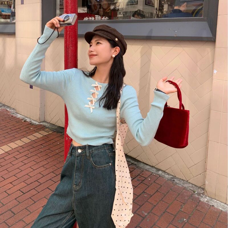 Interpretation of Beauty Newopen Internet Celebrity Popular French Cut Out Short Slim Long-Sleeved Sweater Bottoming Shirt for Women 83062