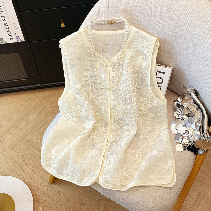 New Chinese Style Women's Vest Summer Thin Fashion Sequined Organza Vest Sleeveless Embroidered Waistcoat