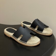 H家经典男士拖鞋麻绳草编底凉拖鞋女士平底i凉拖情侣休闲懒人鞋