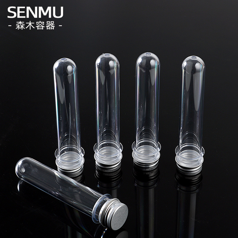 En stock material de embalaje cosmético PET tubo de máscara de plástico 40ml cilíndrico transparente tubo de ensayo botella cubierta de aluminio tubo de embrión sub-botella