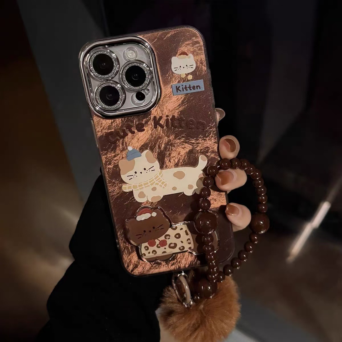 Otoño e invierno ins marrón gato soporte para iPhone14/13 funda para teléfono móvil 16ProMax Apple 15 cadena 16