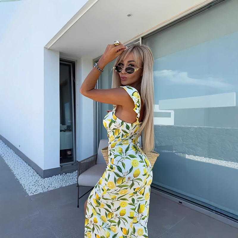 Cross-Border Plus-Size Summer New Lemon Print Dress with Slit at the Hem and Straps | Fresh and Sexy Vacation Style That Accentuates the Curves.
