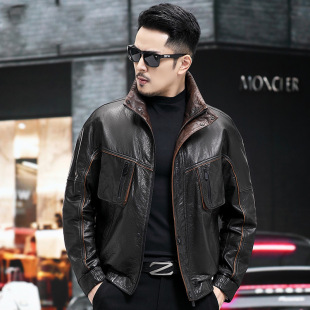 Genuine Leather Jacket Men's First-Layer Cowhide Oil Wax Stand-Up Lapel Hunting Loose Leather Jacket Short Young and Middle-Aged Jacket Trendy