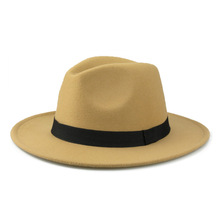 新款纯色毛呢毡帽欧美黑色织带毛呢礼帽平檐大檐帽爵士帽