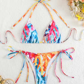 欧美分体泳衣女性感水彩印花系带三角杯比基尼bikini跨境泳衣女