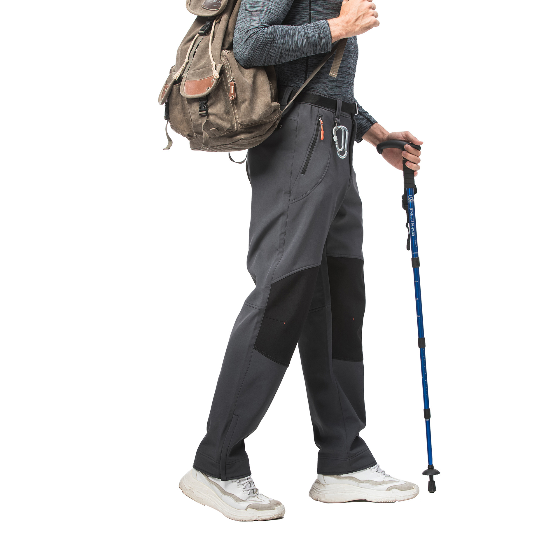 美码男士外贸大码拼接纯色长裤户外运动加绒带脚口拉链口袋冲锋裤