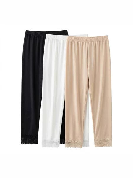 Summer Ice Silk Seven-Point Safety Leggings for Women, Thin Elastic Slim-Fit Casual Pants with Lace Trim