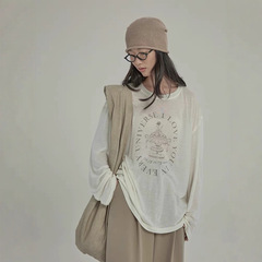 花坛印花微透圆领长袖T恤女夏季薄款韩版宽松百搭轻薄防晒上衣