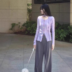 紫色镂空薄款针织罩衫女2025秋季新款修身显瘦设计感正肩打底上衣