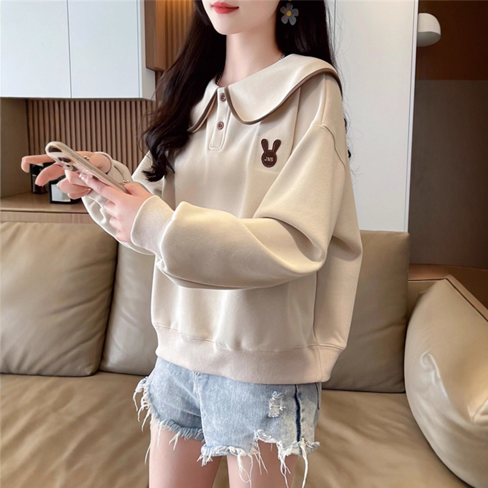 早秋翻领polo衫卫衣女春秋韩版宽松薄款小个子娃娃领百搭上衣外套