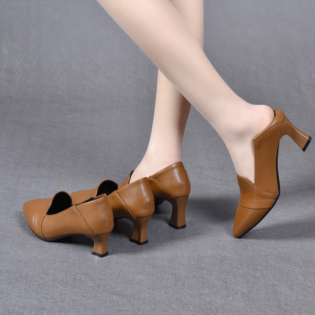 Giày cao gót nữ da thật mũi nhọn gót vuông 7 cm — Kaki 7 cm