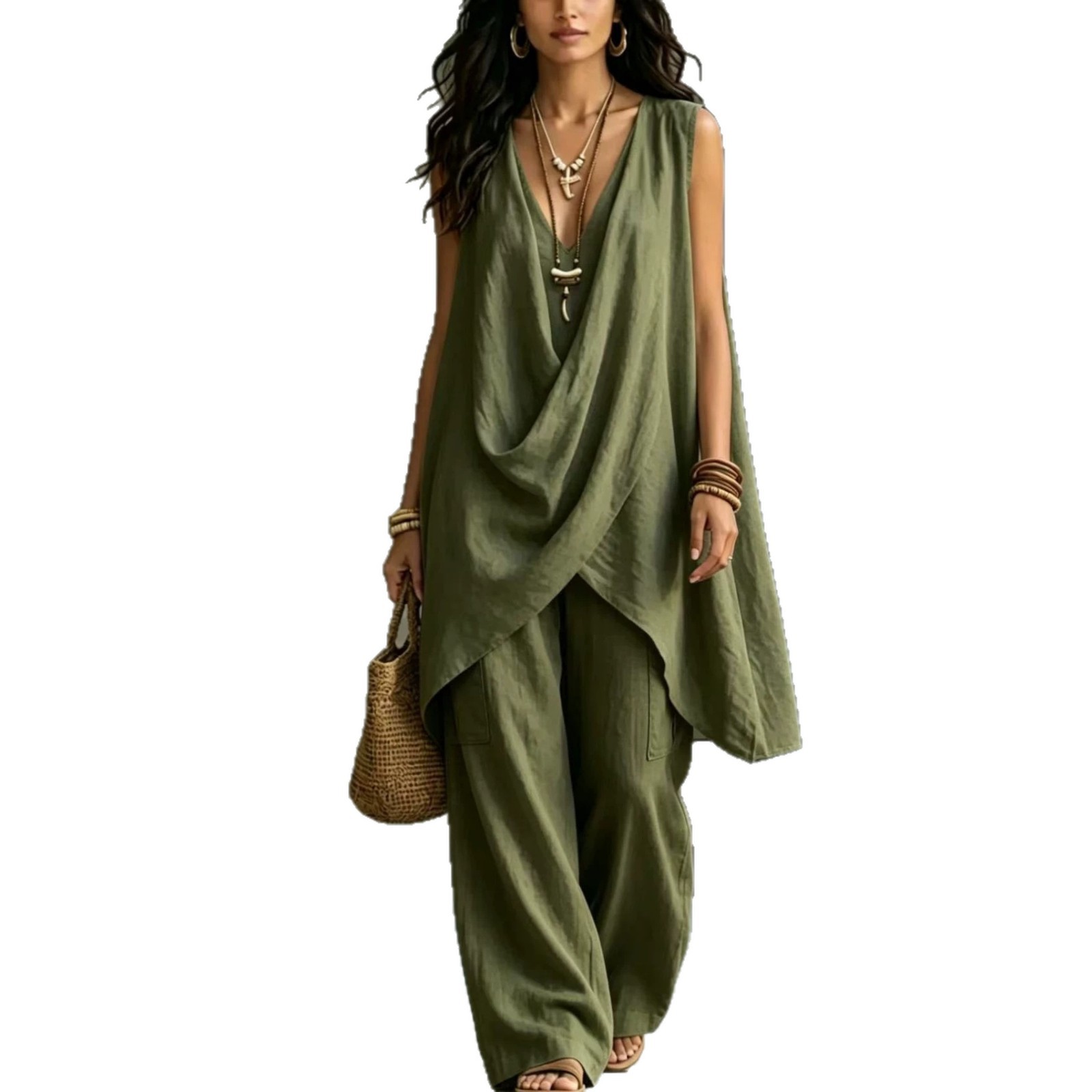 Women's Sleeveless Stand Collar Solid Color Cotton Linen Suit Elegant Loose Resort Style Spring Summer_ecoleips.com