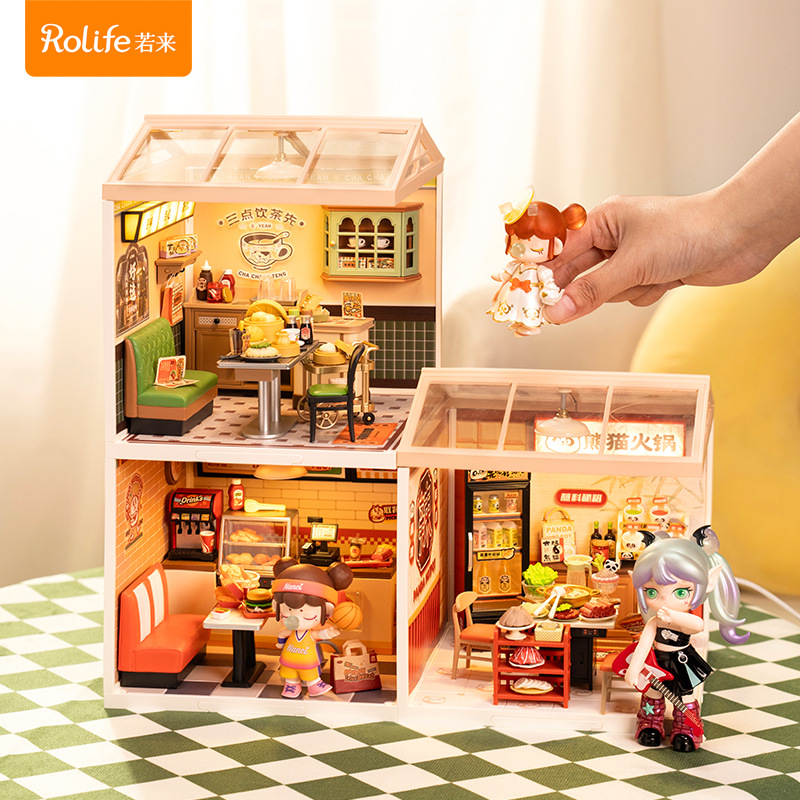 Rollife Ruo Lai Super World Tea Restaurant Diy bloques de construcción tridimensionales cabaña ensamblada modelo juguete 61 regalo femenino