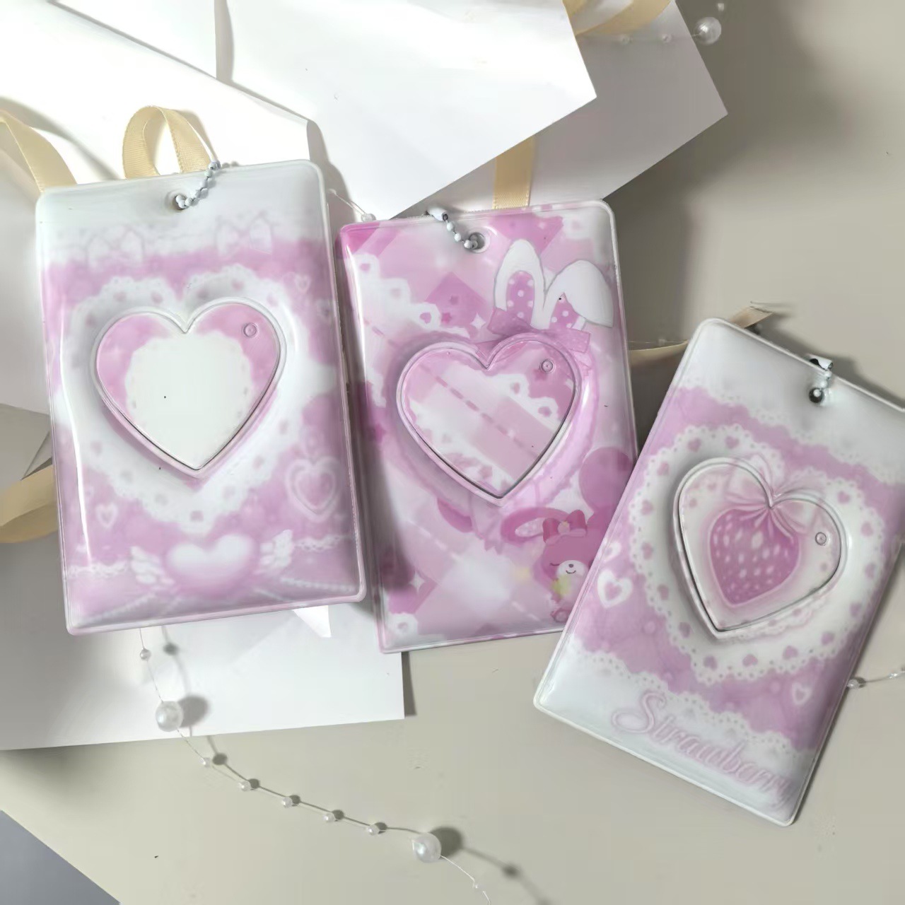 Wholesale supply of outside net wind pink sweet rabbit flat top card holder photo card pendant key ring card holder