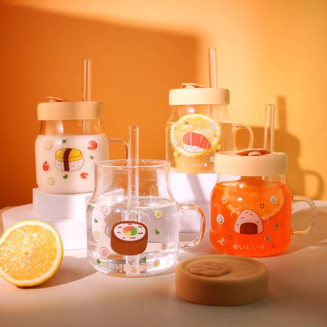 Creativo de dibujos animados grande paja taza agua estudiante leche té vidrio borosilicato gran capacidad personalidad alto valor color