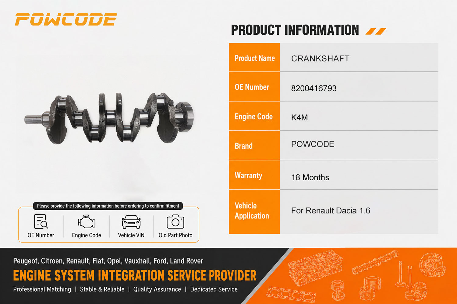 8200416793, a brand new forged steel crankshaft, is suitable for the Renault K4M 1.6L engine