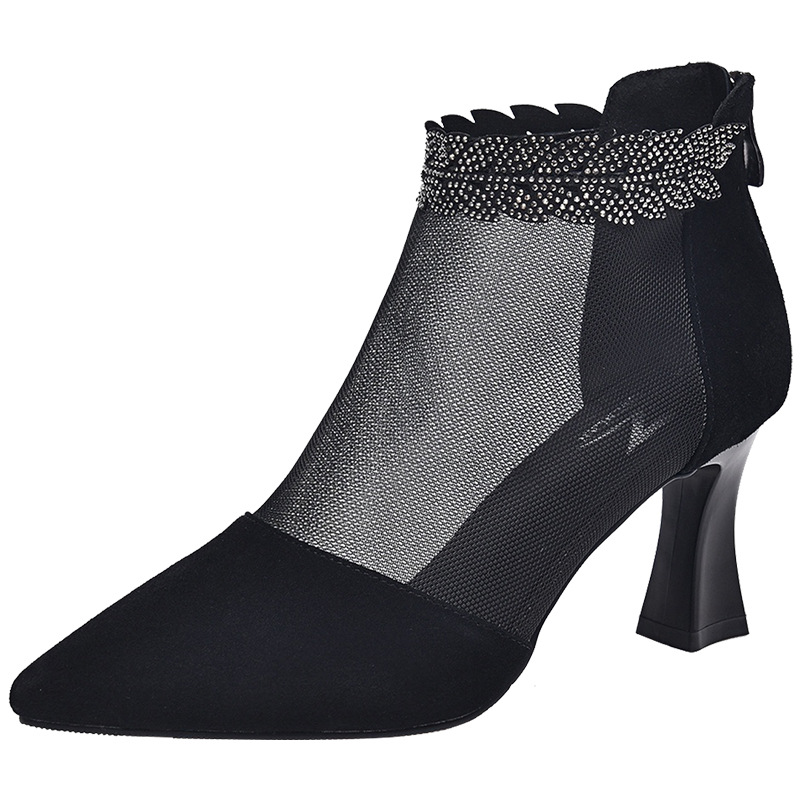 Boot lưới nữ cao gót mùa hè, cổ thấp, chất liệu da thật thoáng khí — Màu Đen Cashmere + lưới