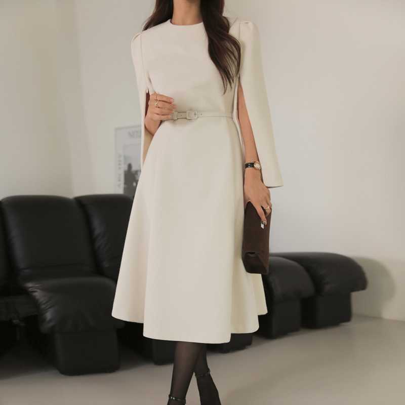 Elegant and Fashionable South Korea Wool Poncho dress Slim-fit Mid-length Dress Korean-style dress with Belt Elegant and Fashionable South Korea Wool Poncho dress Slim-fit Mid-length Dress Korean-style dress with Belt