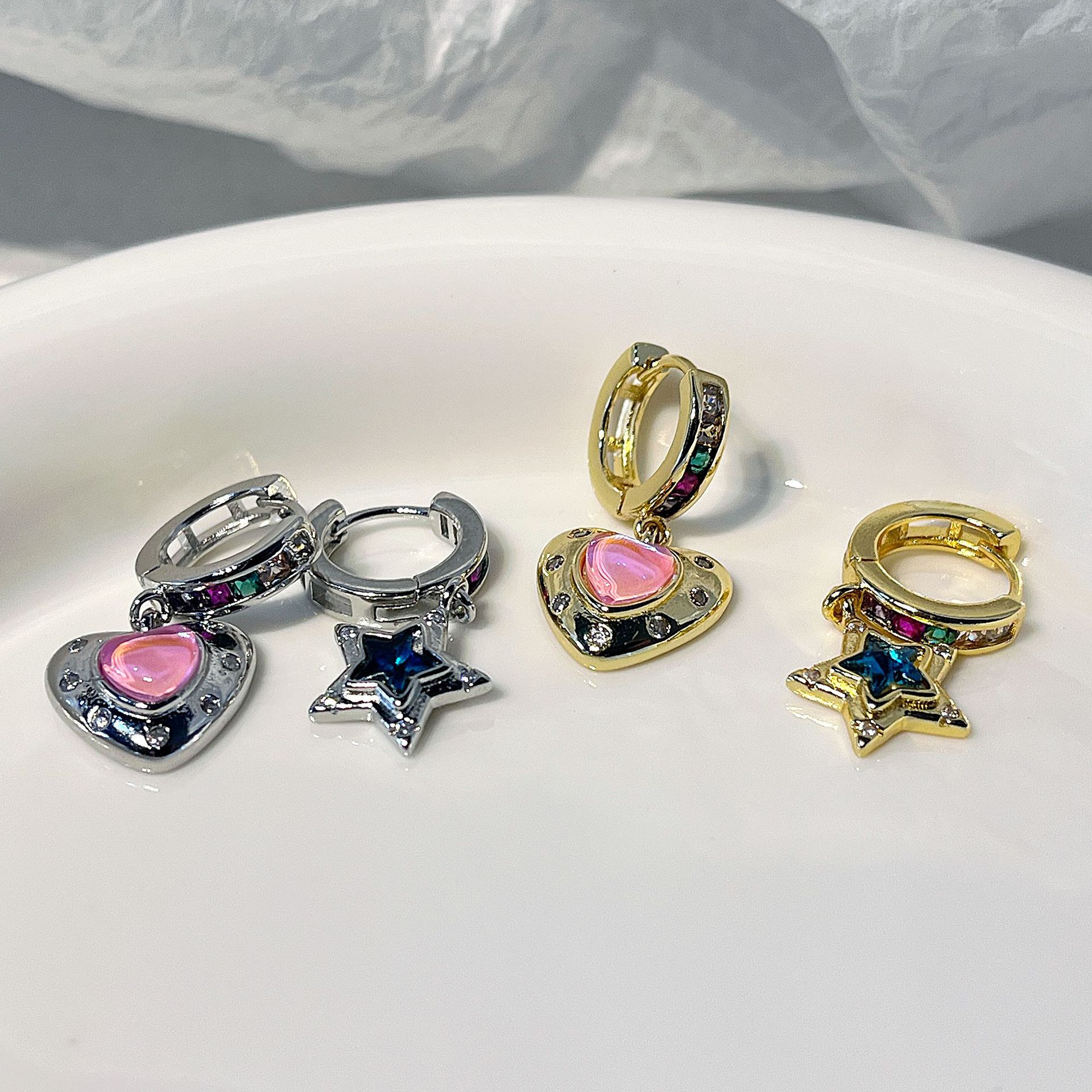 1 Pair Cute Sweet Star Heart Shape Asymmetrical Copper Drop Earrings display picture 5