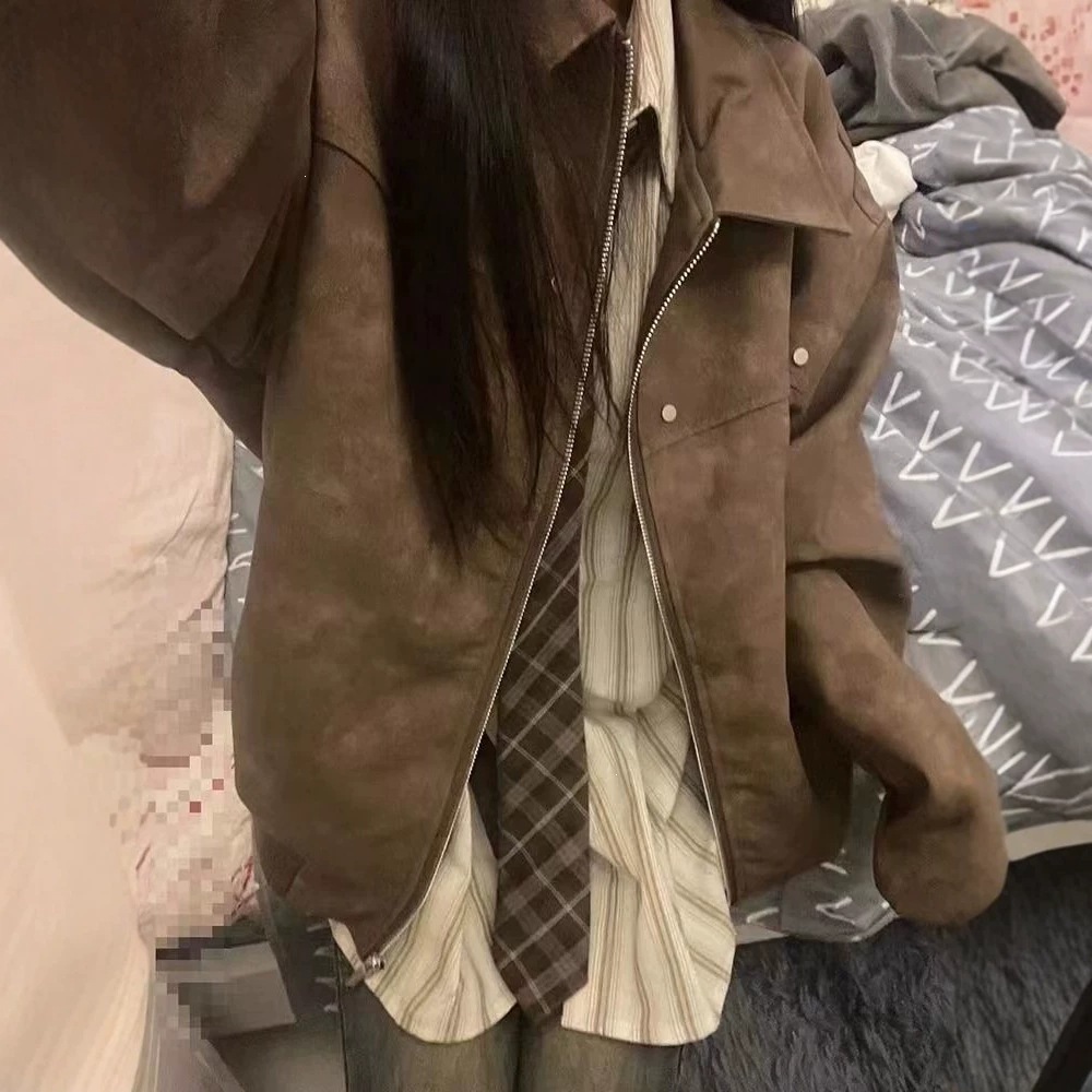 2026 Autumn Women's Jacket, American Retro Style, Maillard Brown, Loose Fit, Casual, Versatile, Ins Motorcycle Jacket