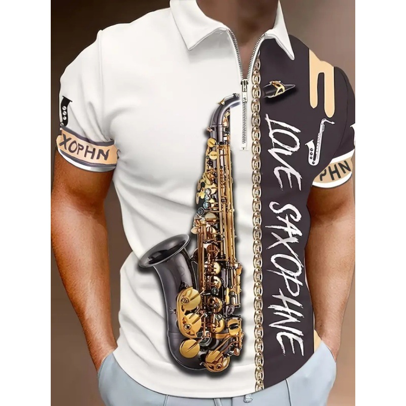 2024 venta caliente arte saxofón 3D impresión digital hombre verano suelto transpirable manga corta cremallera camisa POLO
