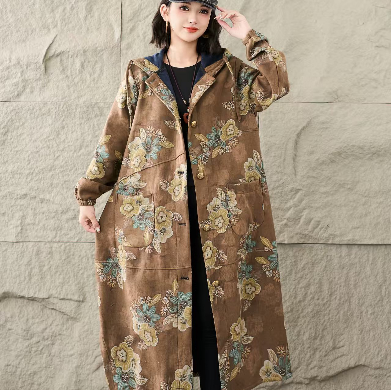 冬季棉麻数码印花长款加绒单排扣连帽宽松女士附绒风衣