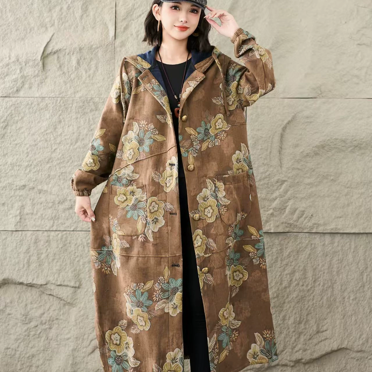 Зимнее женское пальто-тренч из хлопка и льна с цифровым принтом, на флисовой подкладке, однобортное, с капюшоном, свободного кроя