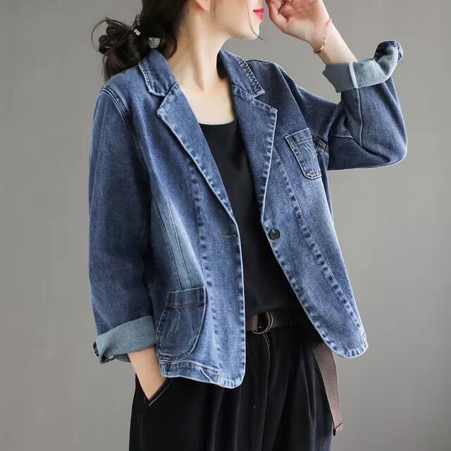 Denim suit jacket for women 2022 autumn new artistic retro top Korean style loose casual jacket ins fashion